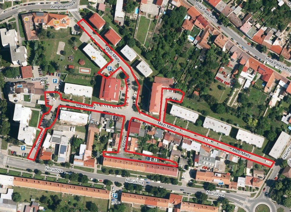 Mapka rozšíření ZPS - Mezi Mlaty, Příční, Jurovského, vnitroblok Nerudova