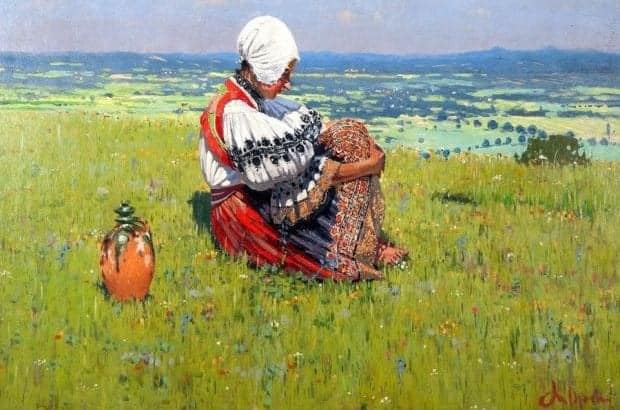 Jeden z Uprkových obrazů nazvaný "Žena v trávě" (1935)