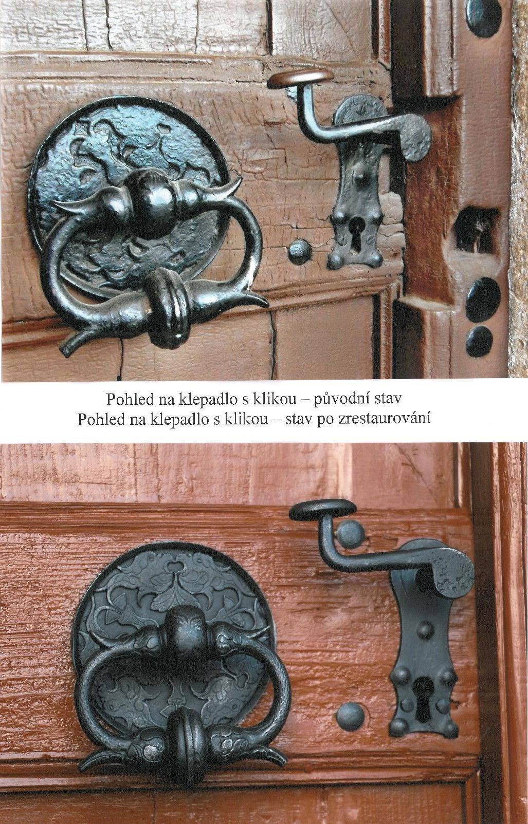 Fotka před a po zrestaurování klepadla s klikou